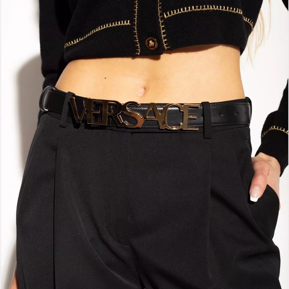 Versace black and gold logo leather belt